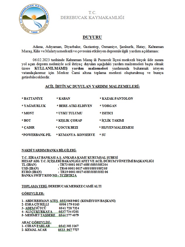 Depremden Etkilenen İllerimize Yardımda Bulunmak İsteyen Vatandaşlarımıza Duyuru